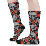 Red Rose Grey Skull Pattern Print Long Socks