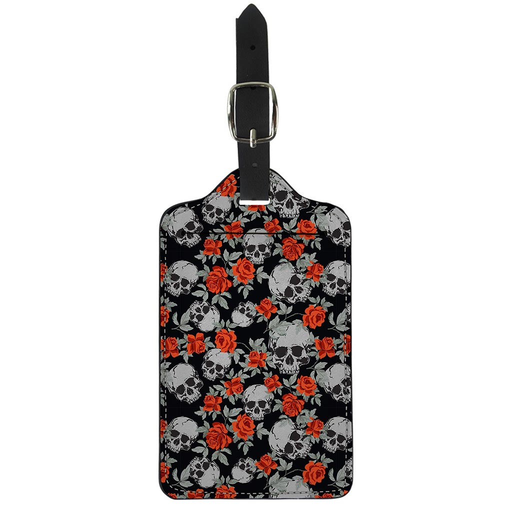 Red Rose Grey Skull Pattern Print Luggage Tag