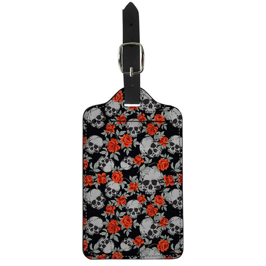 Red Rose Grey Skull Pattern Print Luggage Tag