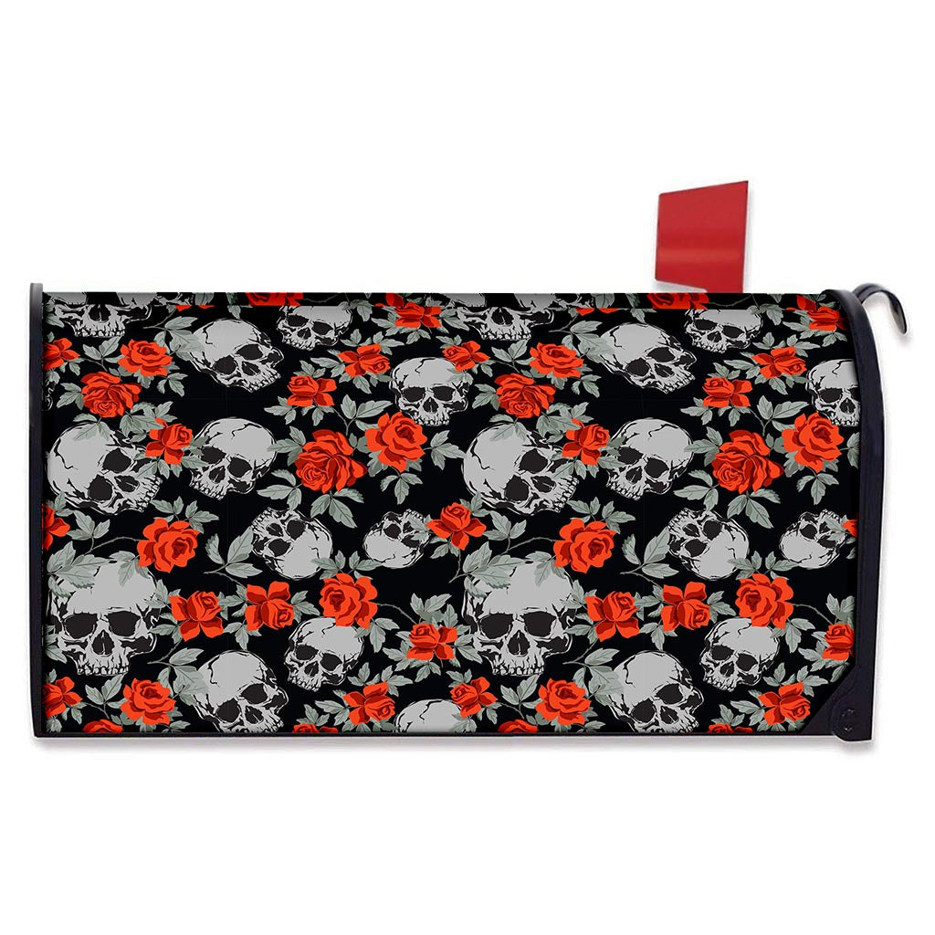Red Rose Grey Skull Pattern Print Mailbox Cover