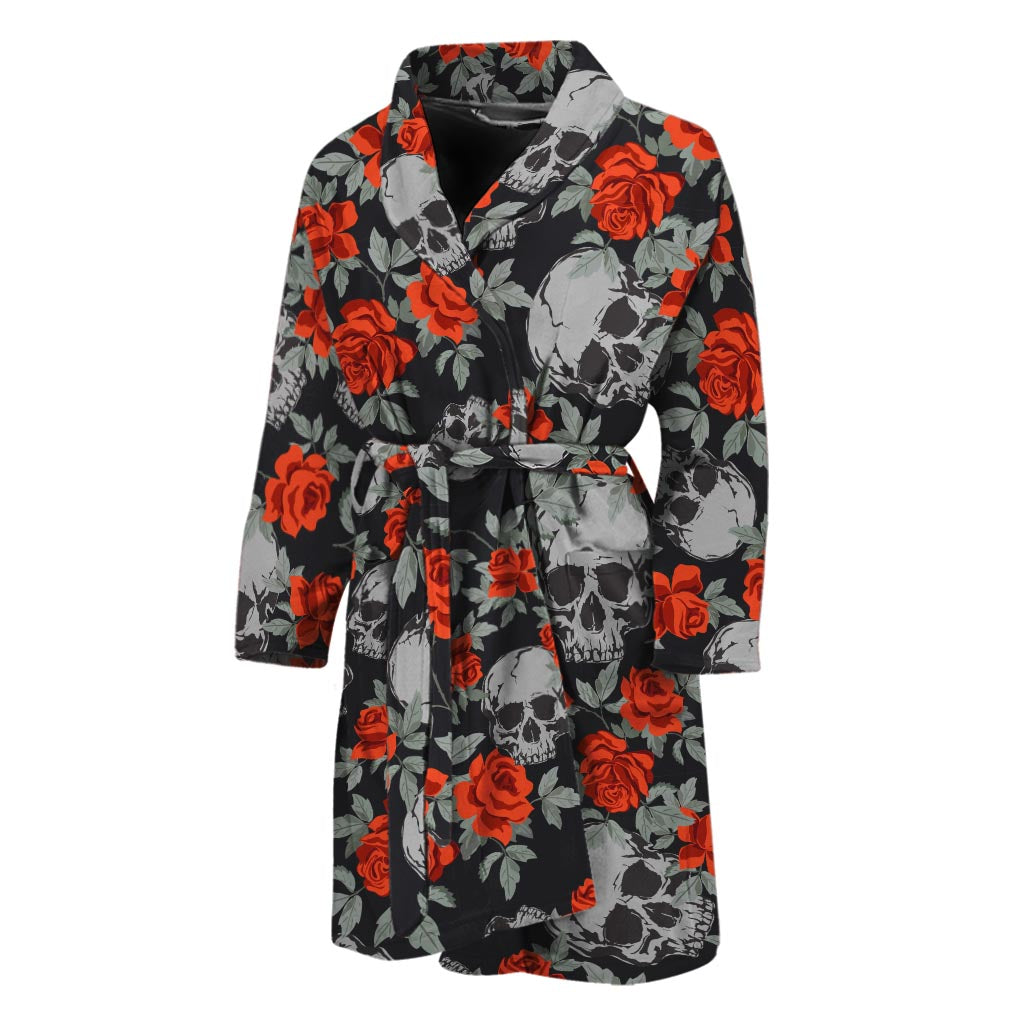 Red Rose Grey Skull Pattern Print Men's Bathrobe