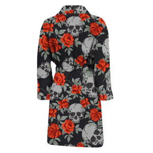 Red Rose Grey Skull Pattern Print Men's Bathrobe