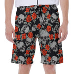 Red Rose Grey Skull Pattern Print Men's Beach Shorts