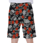 Red Rose Grey Skull Pattern Print Men's Beach Shorts