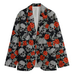 Red Rose Grey Skull Pattern Print Men's Blazer