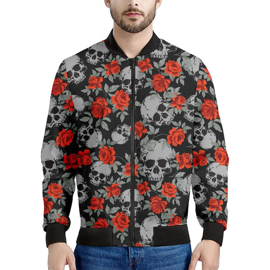 Red Rose Grey Skull Pattern Print Men's Bomber Jacket