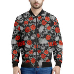 Red Rose Grey Skull Pattern Print Men's Bomber Jacket