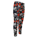 Red Rose Grey Skull Pattern Print Men's Compression Pants