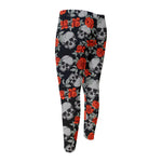 Red Rose Grey Skull Pattern Print Men's Compression Pants