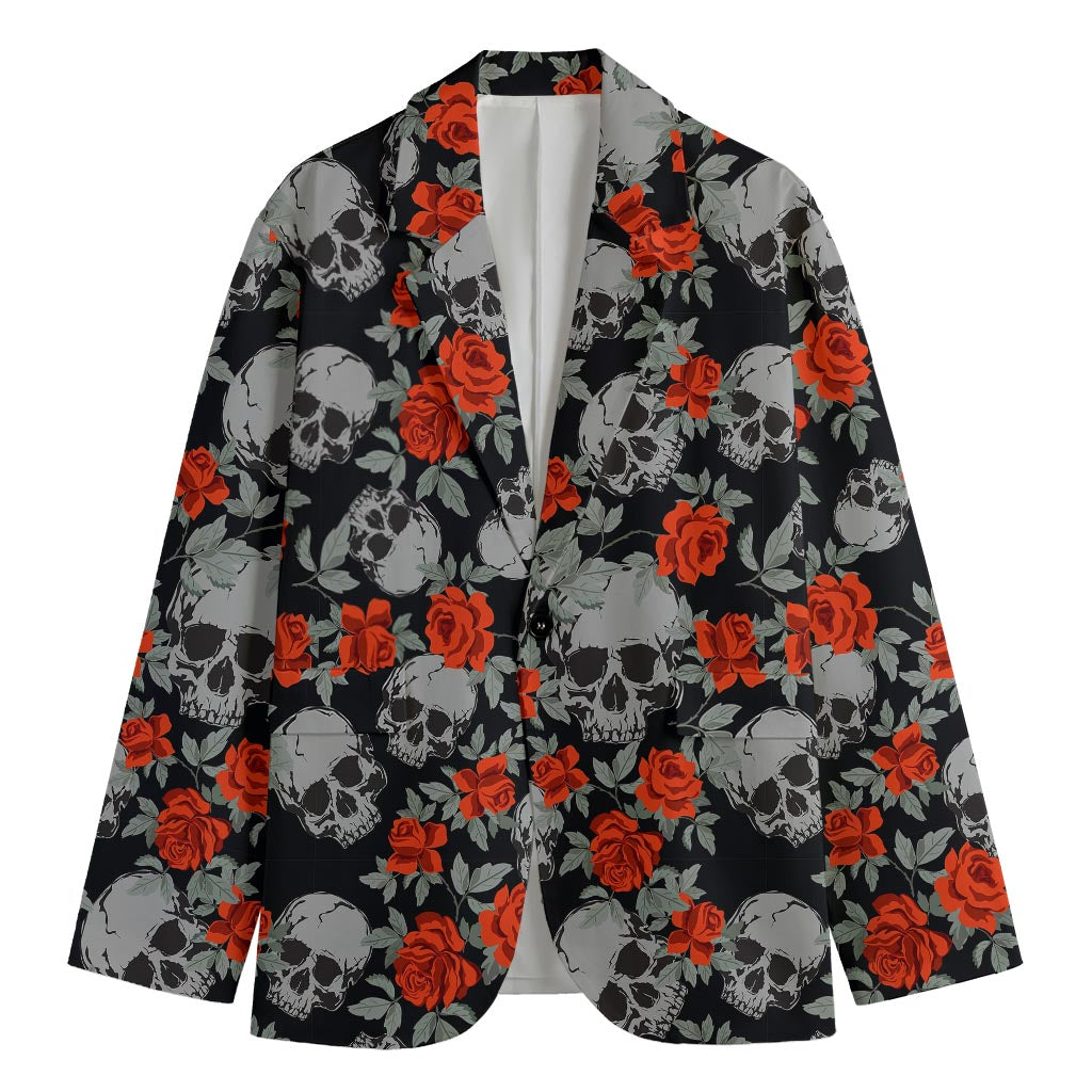 Red Rose Grey Skull Pattern Print Men's Cotton Blazer