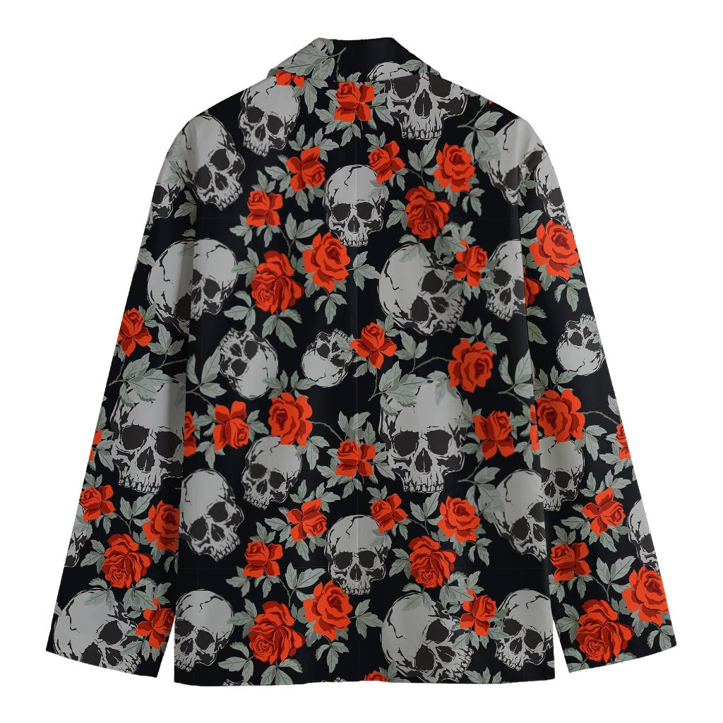 Red Rose Grey Skull Pattern Print Men's Cotton Blazer