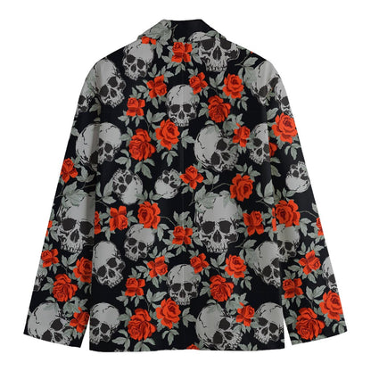 Red Rose Grey Skull Pattern Print Men's Cotton Blazer