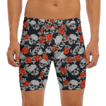 Red Rose Grey Skull Pattern Print Men's Long Boxer Briefs