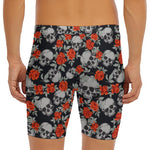 Red Rose Grey Skull Pattern Print Men's Long Boxer Briefs