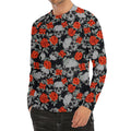 Red Rose Grey Skull Pattern Print Men's Long Sleeve Rash Guard