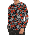 Red Rose Grey Skull Pattern Print Men's Long Sleeve Rash Guard