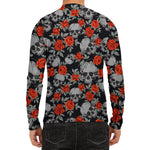 Red Rose Grey Skull Pattern Print Men's Long Sleeve Rash Guard