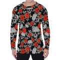 Red Rose Grey Skull Pattern Print Men's Long Sleeve T-Shirt
