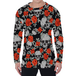 Red Rose Grey Skull Pattern Print Men's Long Sleeve T-Shirt