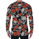 Red Rose Grey Skull Pattern Print Men's Long Sleeve T-Shirt