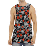 Red Rose Grey Skull Pattern Print Men's Muscle Tank Top