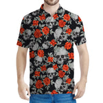 Red Rose Grey Skull Pattern Print Men's Polo Shirt