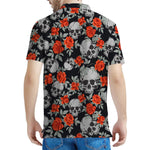 Red Rose Grey Skull Pattern Print Men's Polo Shirt