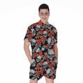 Red Rose Grey Skull Pattern Print Men's Romper