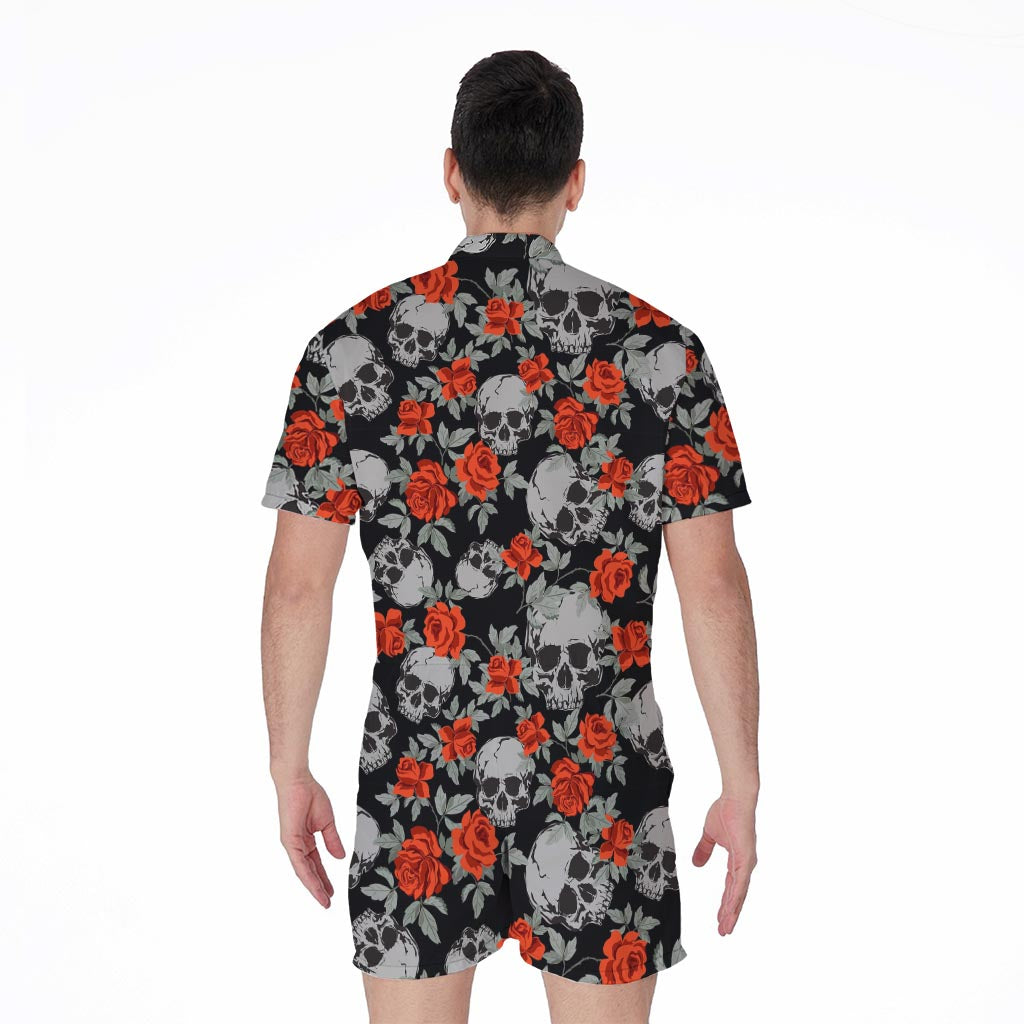 Red Rose Grey Skull Pattern Print Men's Rompers
