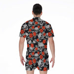 Red Rose Grey Skull Pattern Print Men's Rompers