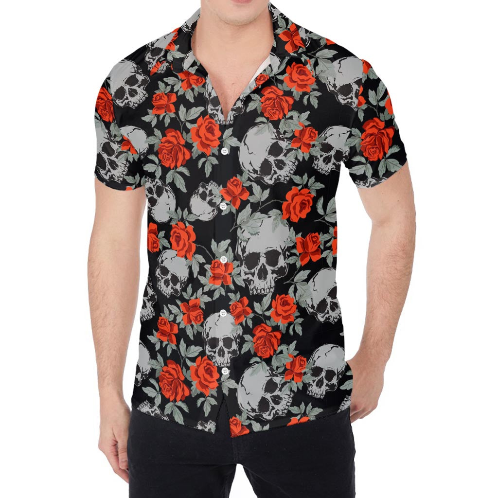 Red Rose Grey Skull Pattern Print Men's Shirt