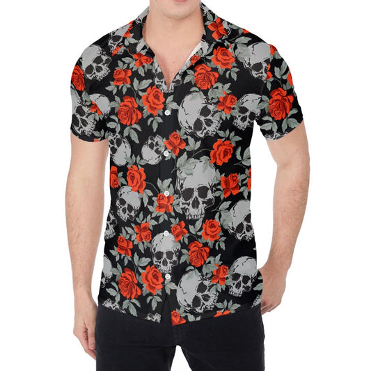 Red Rose Grey Skull Pattern Print Men's Shirt