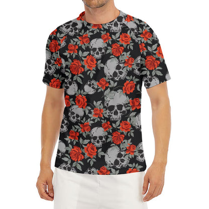 Red Rose Grey Skull Pattern Print Men's Short Sleeve Rash Guard