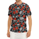 Red Rose Grey Skull Pattern Print Men's Short Sleeve Rash Guard
