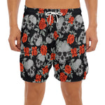 Red Rose Grey Skull Pattern Print Men's Split Running Shorts