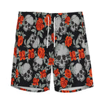 Red Rose Grey Skull Pattern Print Men's Sports Shorts