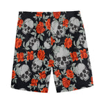 Red Rose Grey Skull Pattern Print Men's Sports Shorts
