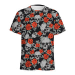 Red Rose Grey Skull Pattern Print Men's Sports T-Shirt
