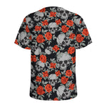 Red Rose Grey Skull Pattern Print Men's Sports T-Shirt