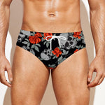 Red Rose Grey Skull Pattern Print Men's Swim Briefs