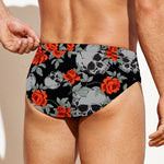 Red Rose Grey Skull Pattern Print Men's Swim Briefs