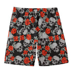 Red Rose Grey Skull Pattern Print Men's Swim Trunks