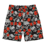 Red Rose Grey Skull Pattern Print Men's Swim Trunks