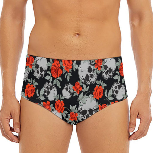 Red Rose Grey Skull Pattern Print Men's Triangle Swim Briefs