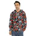 Red Rose Grey Skull Pattern Print Men's Velvet Pullover Hoodie