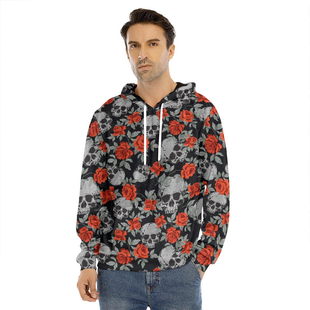 Red Rose Grey Skull Pattern Print Men's Velvet Pullover Hoodie