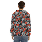 Red Rose Grey Skull Pattern Print Men's Velvet Pullover Hoodie