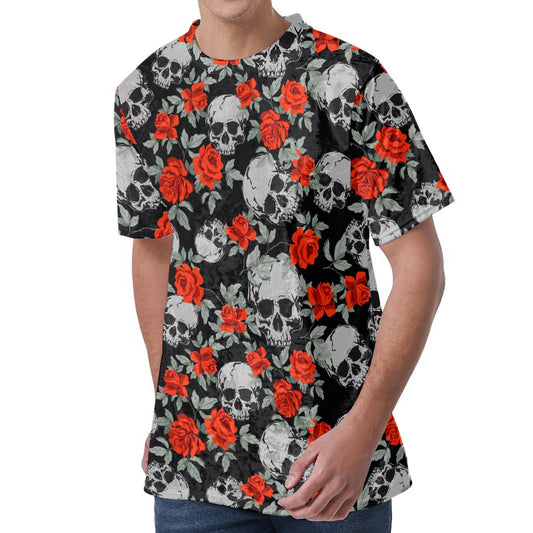 Red Rose Grey Skull Pattern Print Men's Velvet T-Shirt
