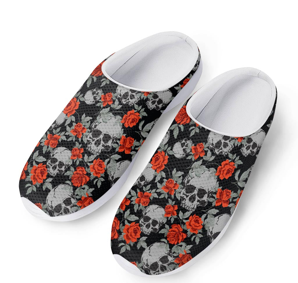 Red Rose Grey Skull Pattern Print Mesh Casual Shoes