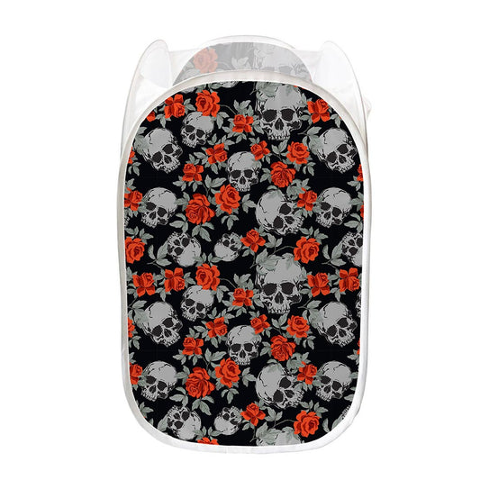 Red Rose Grey Skull Pattern Print Mesh Laundry Hamper